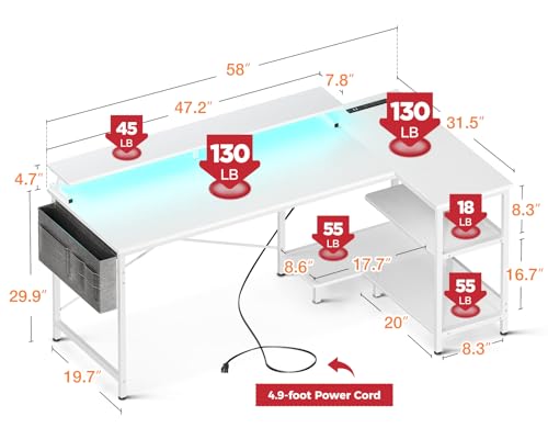 ODK 48 Inch L Shaped Gaming Desk with USB Charging Ports and LED Lights S136