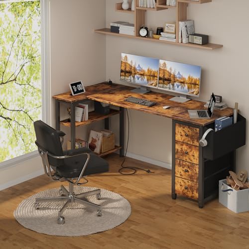 Lufeiya L Shaped Gaming Desk with Drawers & Power Outlet, Black A39519
