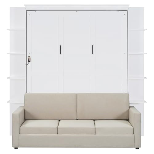 PURLOVE Queen Murphy Bed with Sofa, Wood Slat Support, Gray E27008
