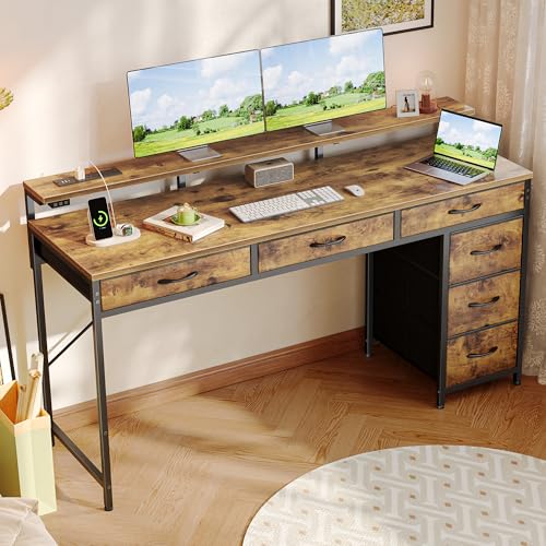 Huuger Gaming Desk with 6 Drawers, LED Lights, 47 Inch, Black N423283