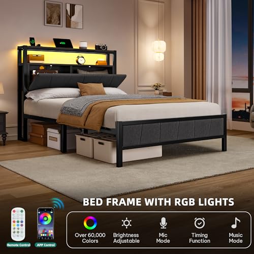 YITAHOME Queen Bed Frame with Storage Headboard, LED, Charging Station, Gray X281055