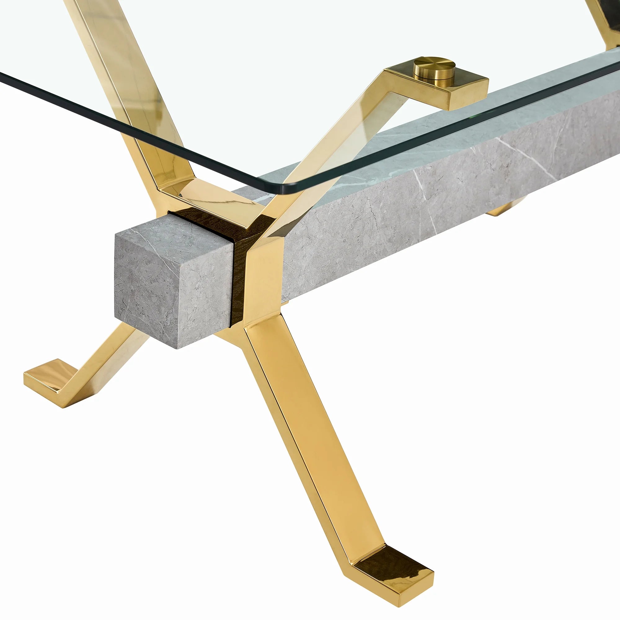 Modern tempered glass rectangular dining table with 6 white PU gold leg chairs V1592