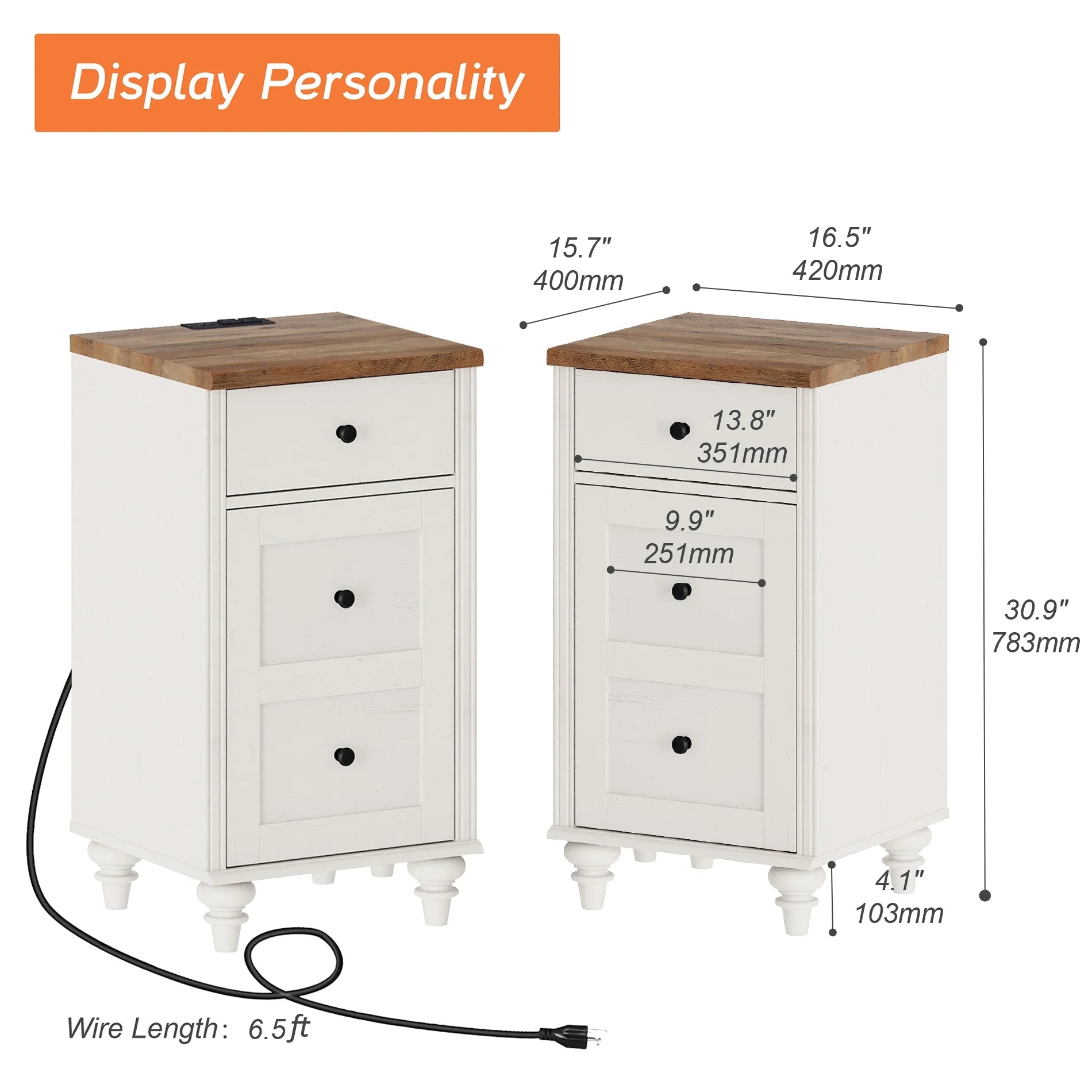 Set of 2 Nightstand with Charging Station, Bedside Table with Outlets, Wood End Table with Drawer, Off-White N19415