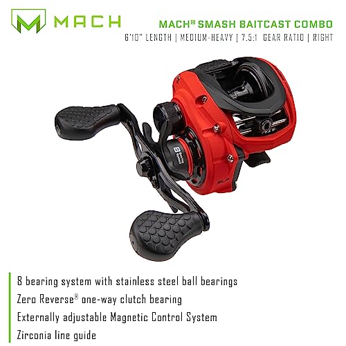 Lew's MACH Smash Baitcast Reel and Fishing Rod Combo, IM6 Graphite, Red P923