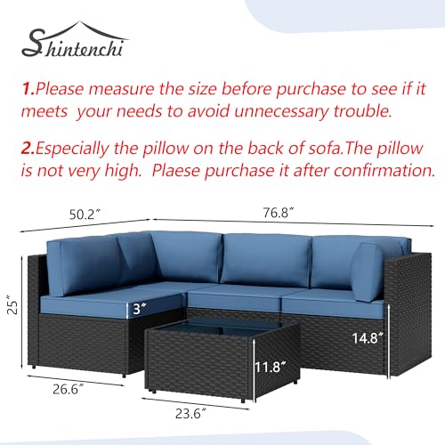 Shintenchi 5-Piece Outdoor Patio Sectional Sofa with Cushions and Glass Coffee Table, Aegean Blue U127322
