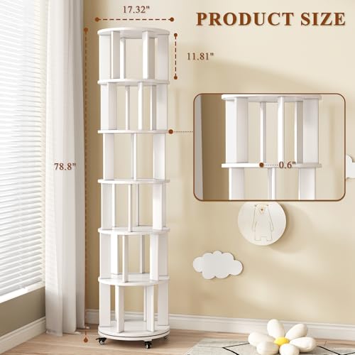 6 Tier Rotating Bookshelf Tower with Swivel Wheels, Solid Wood, Walnut B588