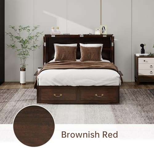 Solid Wood Murphy Bed Cabinet Full with USB Charging Ports and Storage Drawer, Ebony D190415