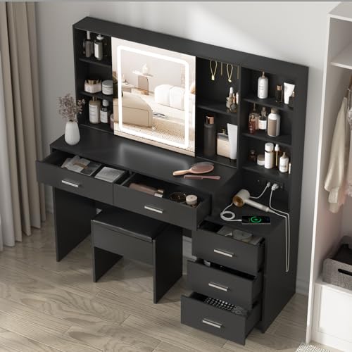 Fameill Vanity Desk with Mirror and Lights, 5 Drawers, Charging Station, White H302