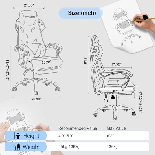 GTRACING Gaming Chair with Mesh Back, Footrest and Lumbar Support, White K3123