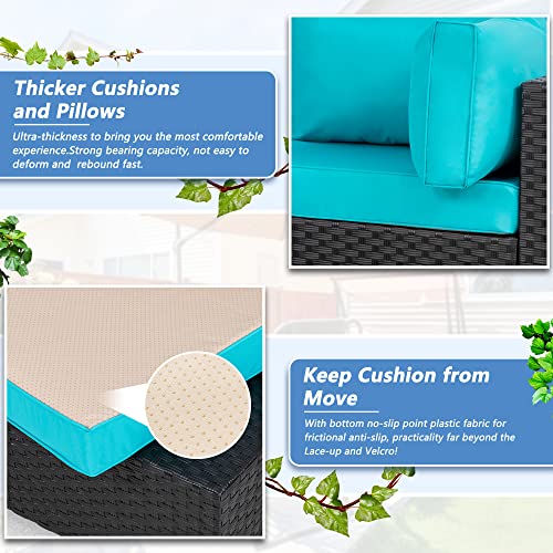Shintenchi 5-Piece Outdoor Patio Sectional Sofa with Cushions and Glass Coffee Table, Aegean Blue U127322