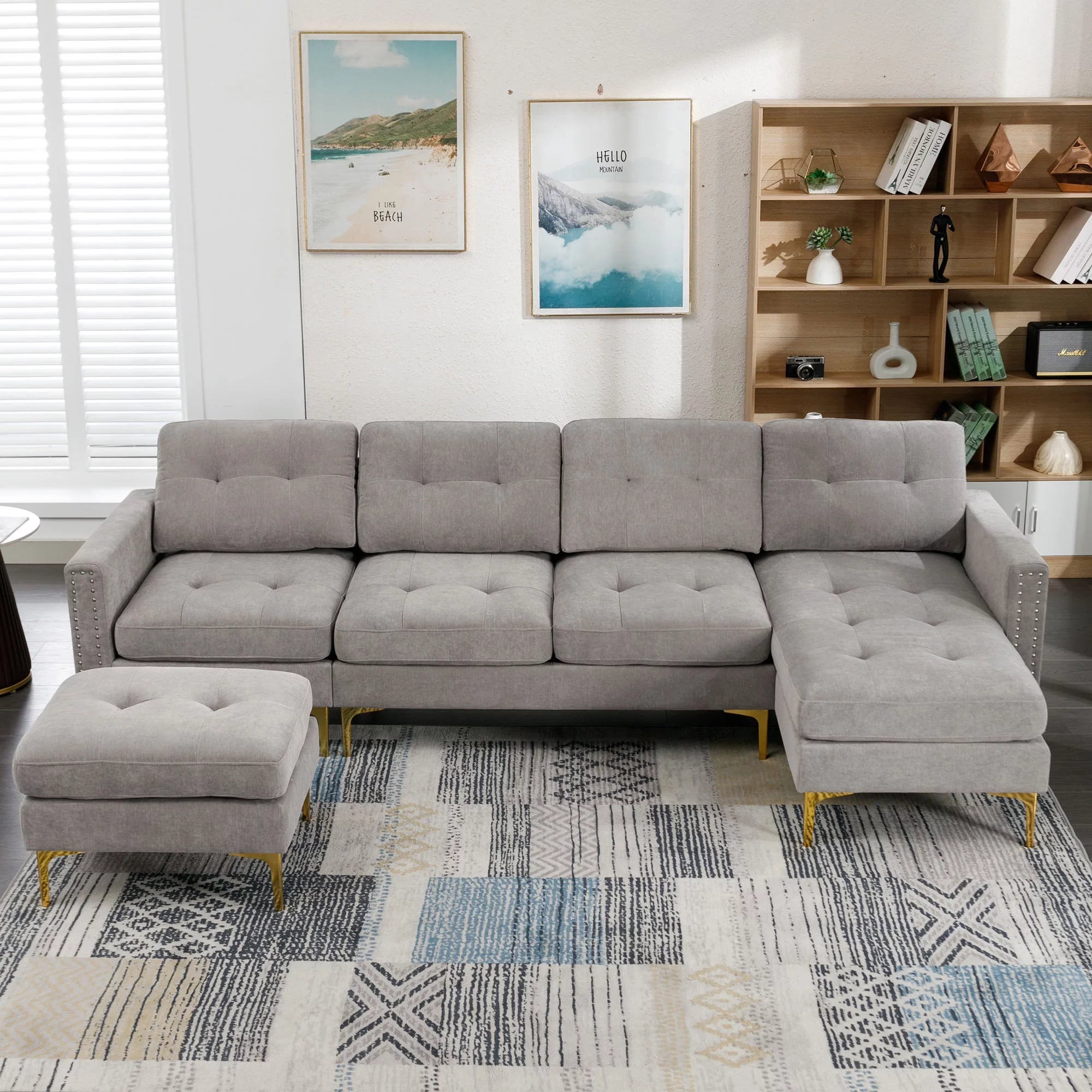 Soges U-Shaped Sectional Sofa with Ottoman, Gray, 110"x54" O53345