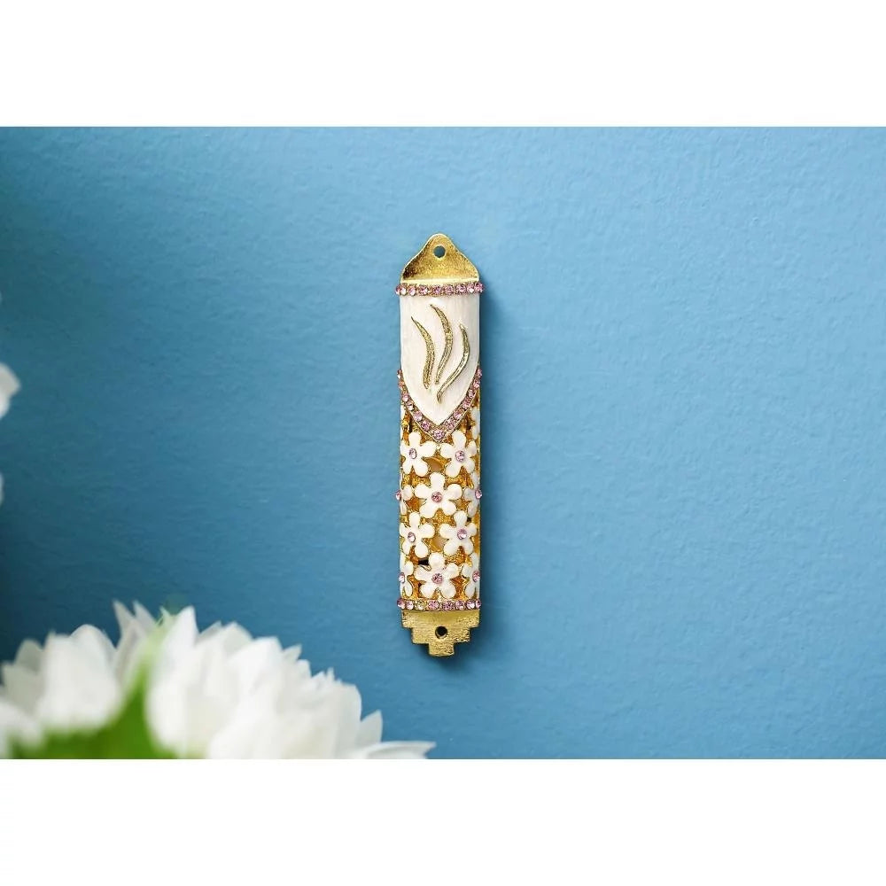 Matashi Hand Painted Enamel Mezuzah with Floral Design and Gold Accents L23446