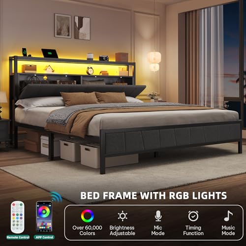 YITAHOME Queen Bed Frame with Storage Headboard, LED, Charging Station, Gray X281055