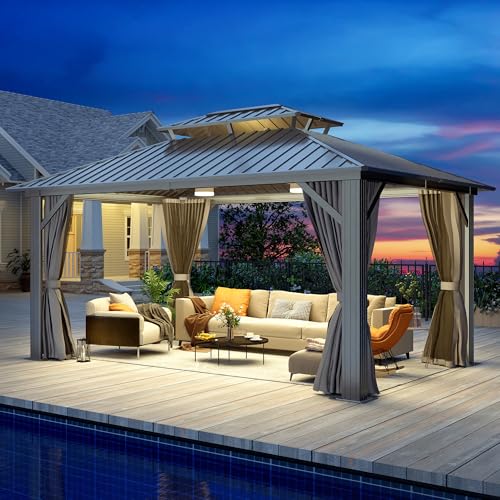 12'x12' Hardtop Gazebo with Galvanized Steel Roof, Aluminum Frame, Curtains & Netting X81832