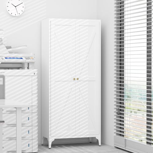 GREATMEET 65" Tall Kitchen Pantry Cabinet, White Metal Farmhouse Cupboard with Adjustable Shelves D202