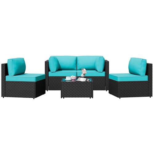 Shintenchi 5-Piece Outdoor Patio Sectional Sofa with Cushions and Glass Coffee Table, Aegean Blue U127322