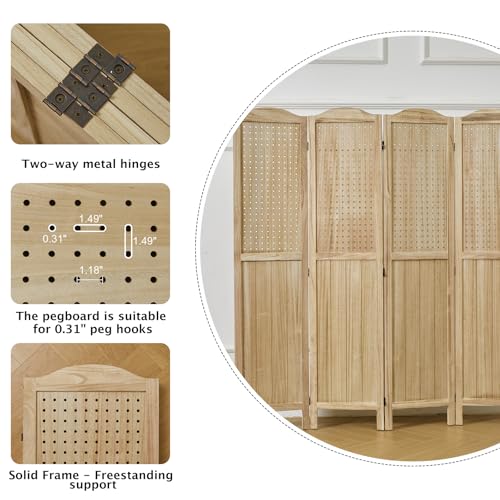 Pegboard Display 5.6Ft Wooden Room Divider Folding Privacy Screen Freestanding Wall Organizer, 4 Panels, Natural C603