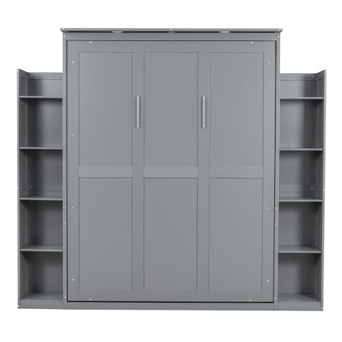 Merax Queen Size Wood Murphy Bed with LED Lights and Shelves, Grey K26344