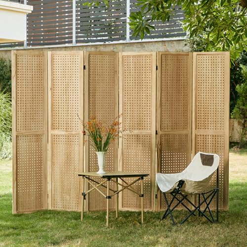 Pegboard Display 5.6Ft Wooden Room Divider Folding Privacy Screen Freestanding Wall Organizer, 4 Panels, Natural C603