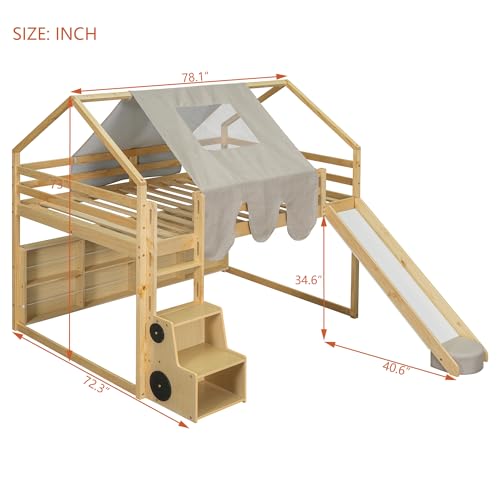 Harper & Bright Designs Kids Twin Low Loft Bed with Slide, Storage Shelves & Stairs, White/Pink C414827