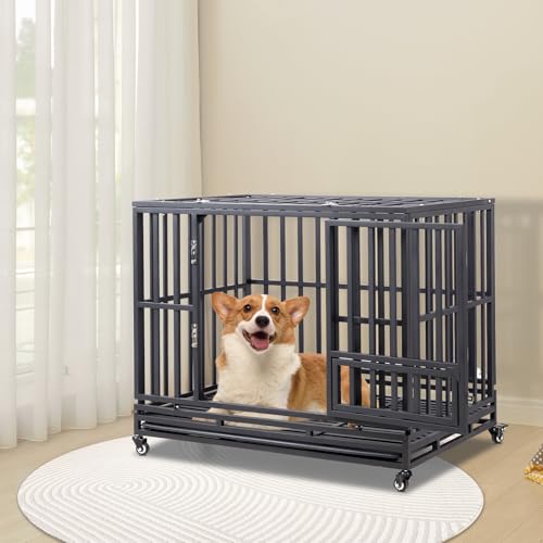 Outvita Heavy Duty Dog Crate 42" Large Metal Wire Kennel with Lockable Wheels H499