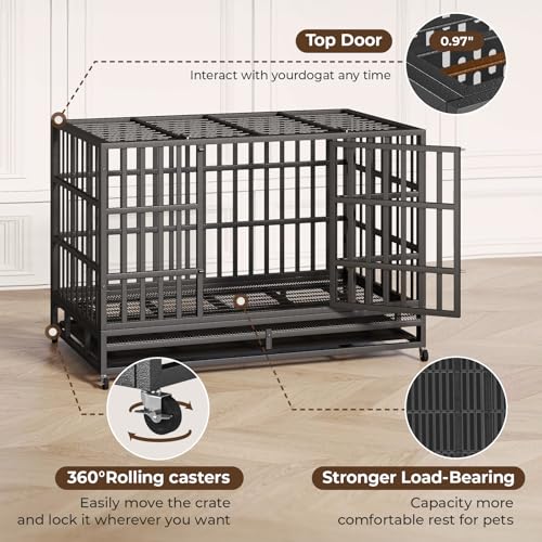 48 Inch Heavy Duty Dog Crate with Wheels and Double Door A25580