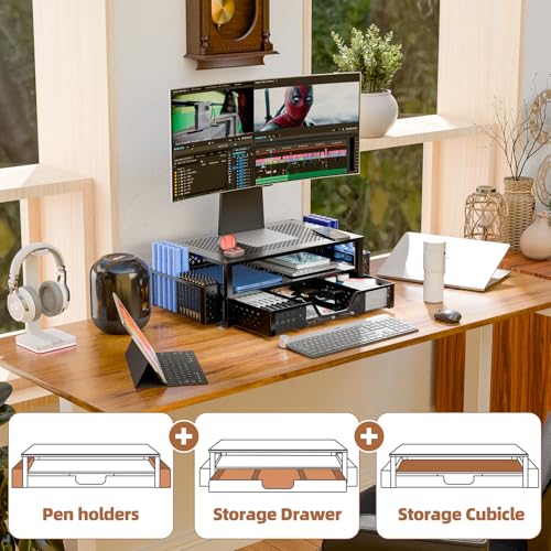 Simple Trending 2 Tier Metal Monitor Stand with Drawer and Pen Holder R17754