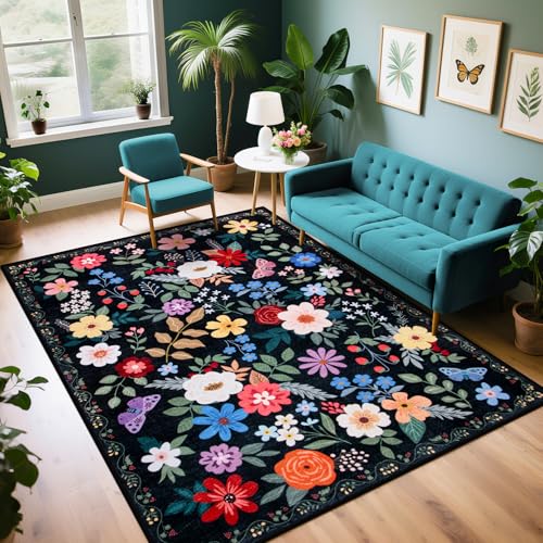 8x10 Floral Washable Area Rug for Living Room, Vintage Soft Non-Slip Carpet Z978379
