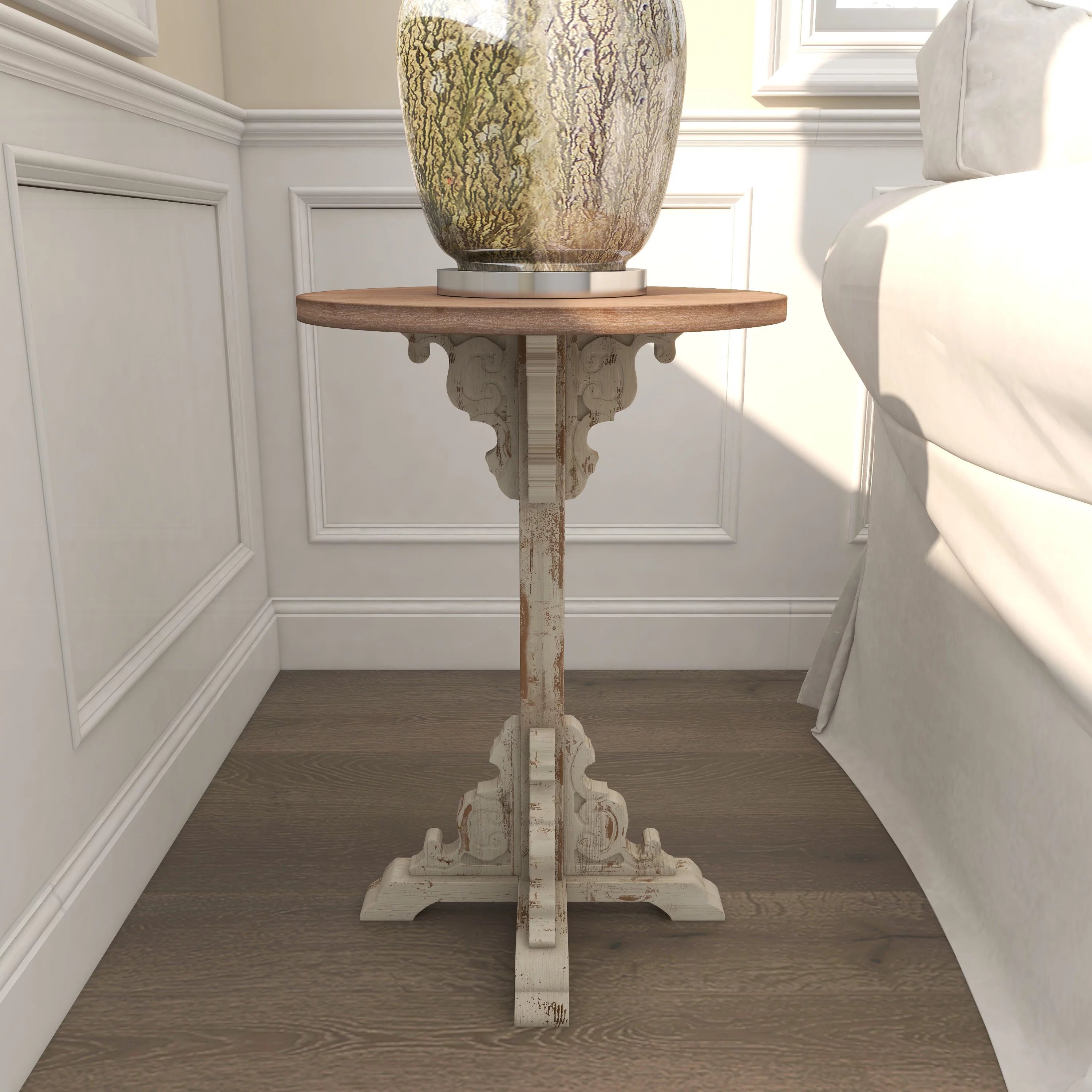 DecMode 16" x 23" White Wood Carved Scroll Accent Table O977