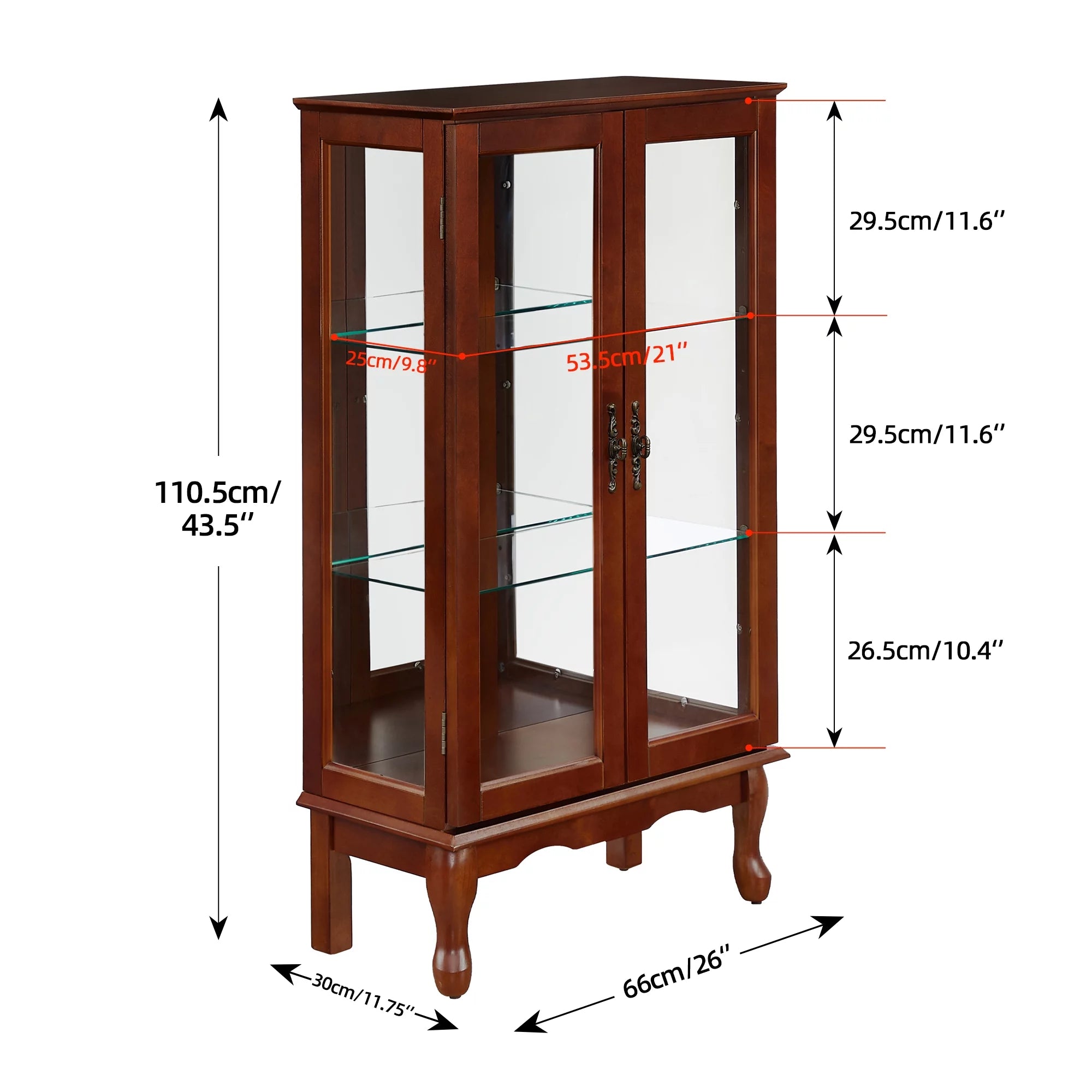 Ufurpie 3 Tier Curio Cabinet with Mirrored Back Panel and Tempered Glass Doors, Cherry M84574