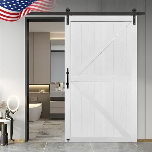 S&Z TOPHAND® 20 in x 84 in Elephant Gray British Brace Knotty Barn Door with 4FT Sliding Hardware Kit G149446