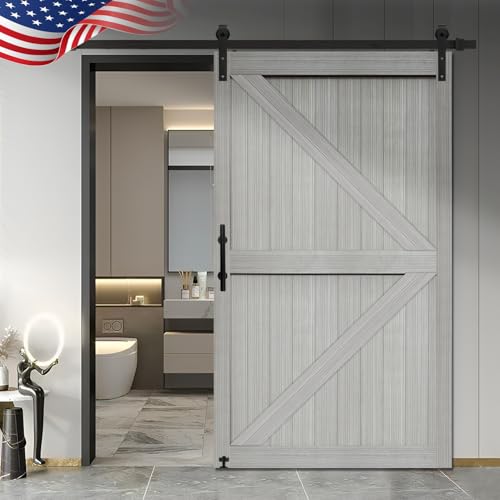 S&Z TOPHAND® 20 in x 84 in Elephant Gray British Brace Knotty Barn Door with 4FT Sliding Hardware Kit G149446