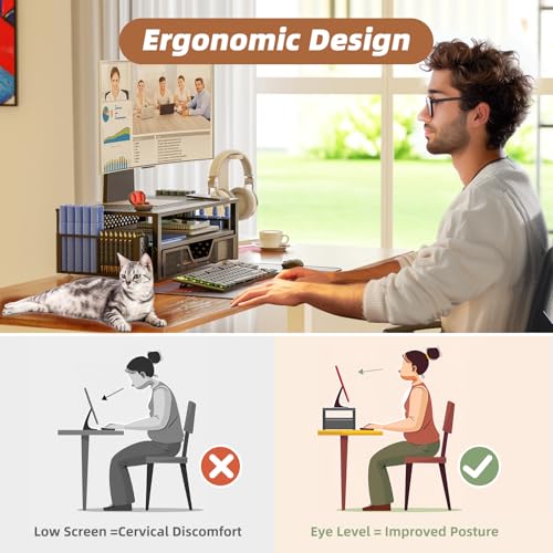 Simple Trending 2 Tier Metal Monitor Stand with Drawer and Pen Holder R17754