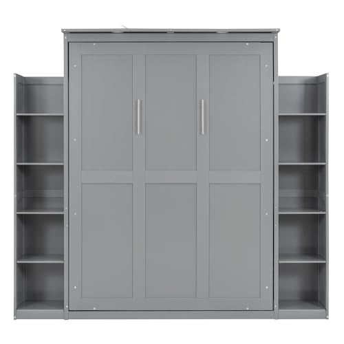 Merax Queen Size Wood Murphy Bed with LED Lights and Shelves, Grey K26344