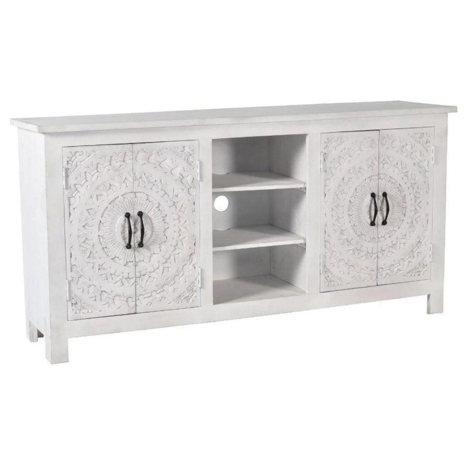 64 Whitewash Farmhouse Boho Chic Hand Carved Cabinet