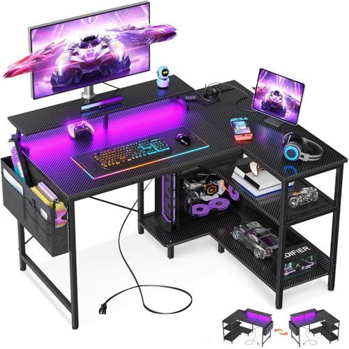 ODK 48 Inch L Shaped Gaming Desk with USB Charging Ports and LED Lights S136