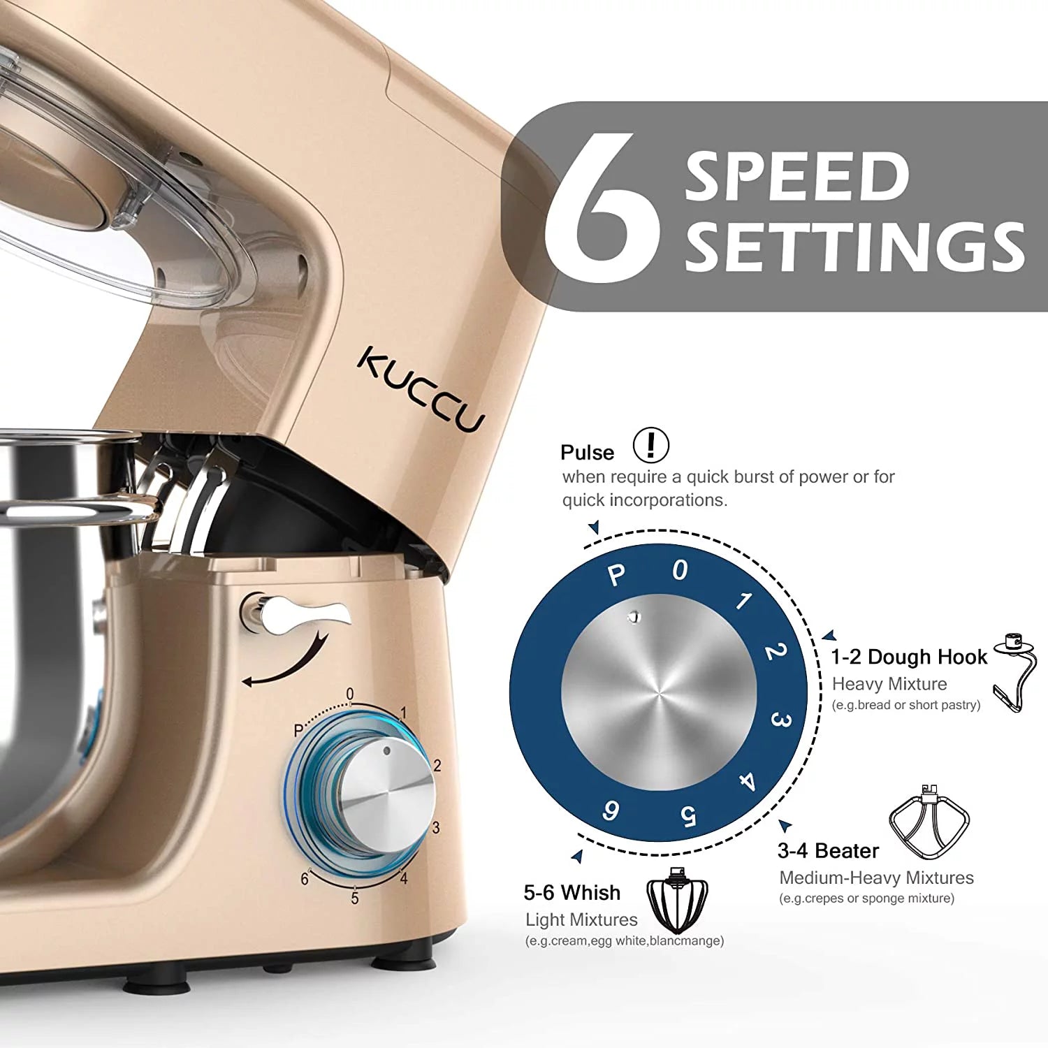 Kuccu Stand Mixer 8.5 Qt 660W 6-Speed Tilt-Head Electric Kitchen Mixer J1260
