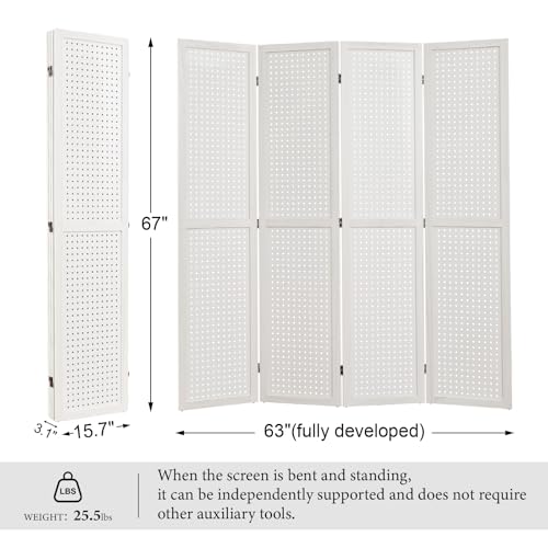Pegboard Display 5.6Ft Wooden Room Divider Folding Privacy Screen Freestanding Wall Organizer, 4 Panels, Natural C603