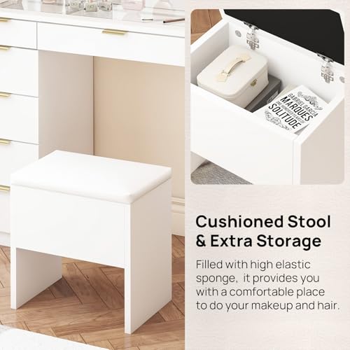 Farmhouse Vanity Desk with Lighted Mirror & Stool, 8 Shelves, 5 Drawers L80251