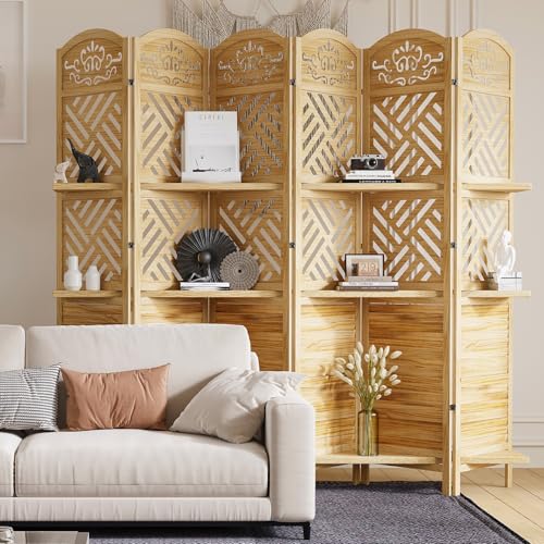 Folding Wood Room Divider with Shelves, 6 Panels, Natural K301