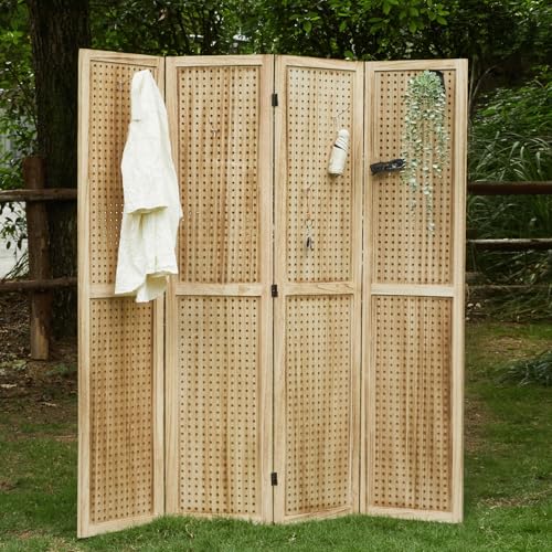 Pegboard Display 5.6Ft Wooden Room Divider Folding Privacy Screen Freestanding Wall Organizer, 4 Panels, Natural C603