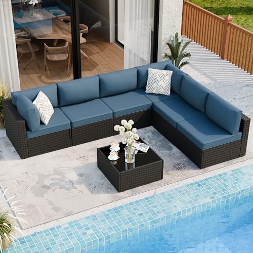 Shintenchi 5-Piece Outdoor Patio Sectional Sofa with Cushions and Glass Coffee Table, Aegean Blue U127322