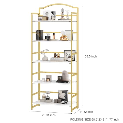 JSB Folding Bookshelf 5 Tier Vintage Wood Bookcase for Living Room Bedroom Office S131658