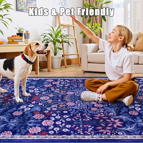 8x10 Floral Washable Area Rug for Living Room, Vintage Soft Non-Slip Carpet Z978379
