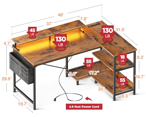 ODK 48 Inch L Shaped Gaming Desk with USB Charging Ports and LED Lights S136