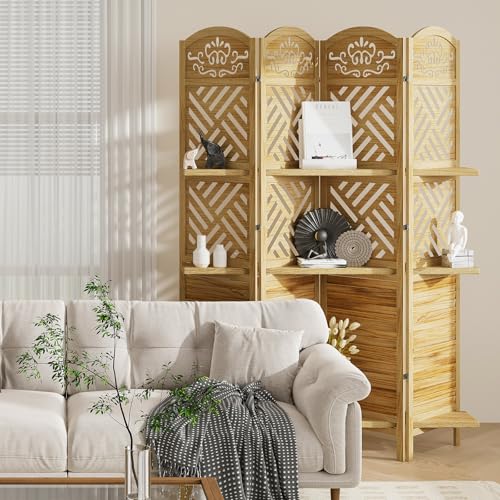 Folding Wood Room Divider with Shelves, 6 Panels, Natural K301