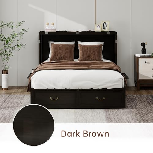 Solid Wood Murphy Bed Cabinet Full with USB Charging Ports and Storage Drawer, Ebony D190415