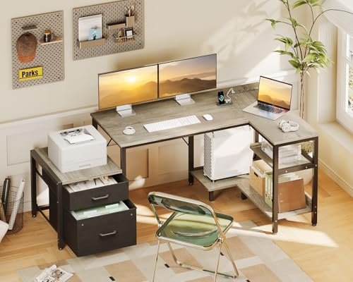 Casaottima 55 Inch L Shaped Desk with Drawers & File Cabinet, Rustic Brown B7734