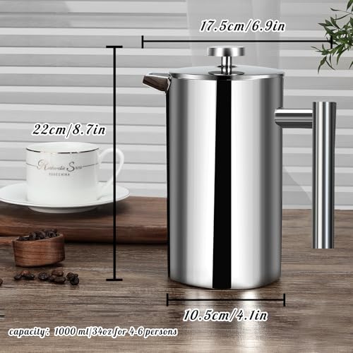 Mongdio French Press Coffee Maker, 34oz Stainless Steel, Double Wall Insulated D165191