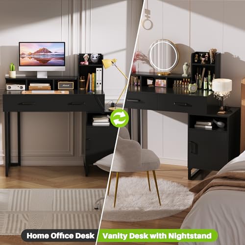 White Vanity Desk with Power Outlet and Storage Y378